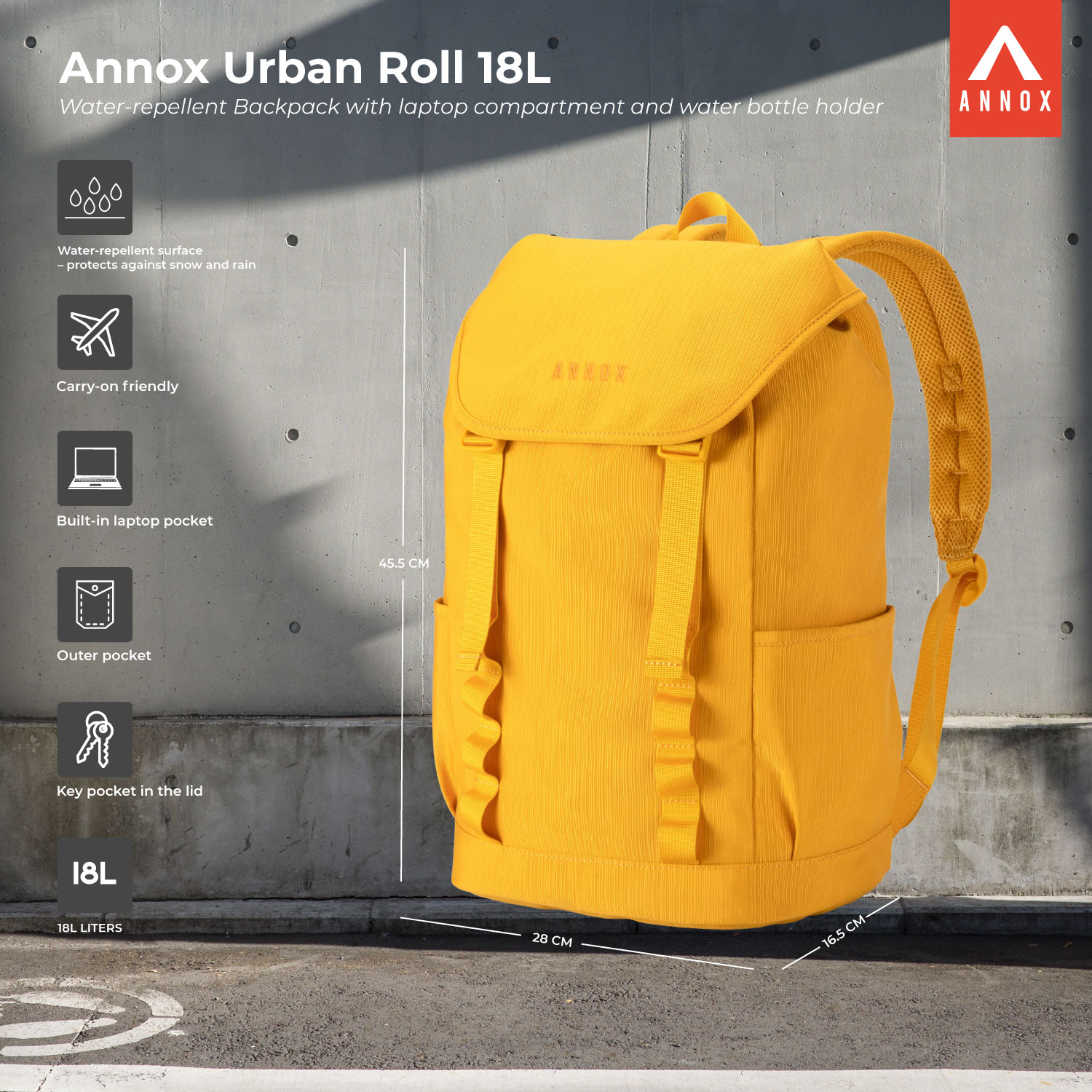 Mochila Urban Roll 18L - Mochila à prova d'água com compartimento para laptop e suporte para garrafa de água
