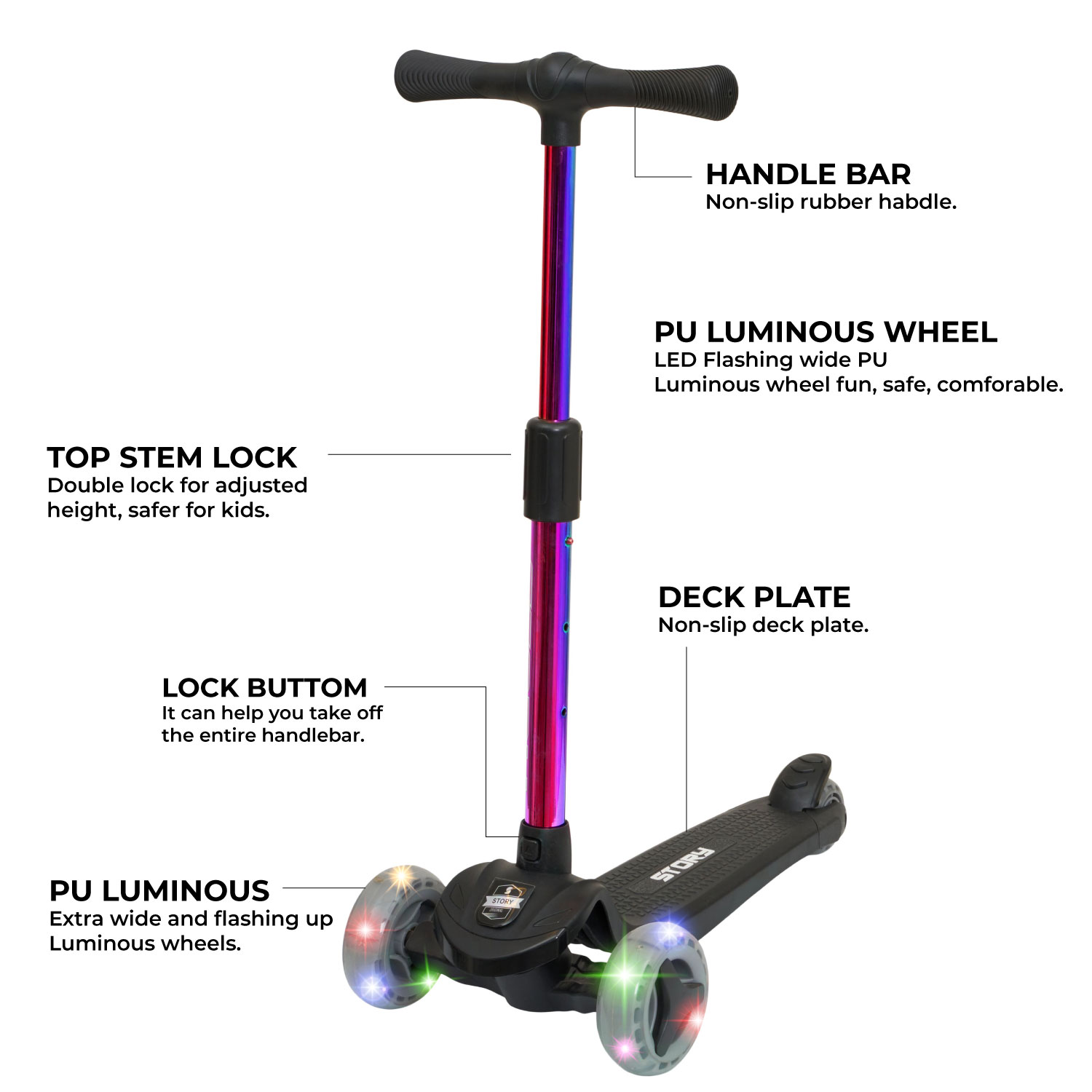 Story Mini Friends LED deluxe patinete 3 rodas para crianças